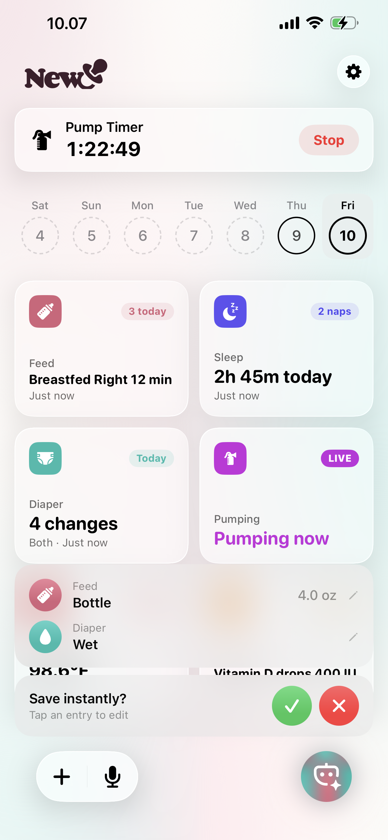 Today's logged feeds, naps and diapers